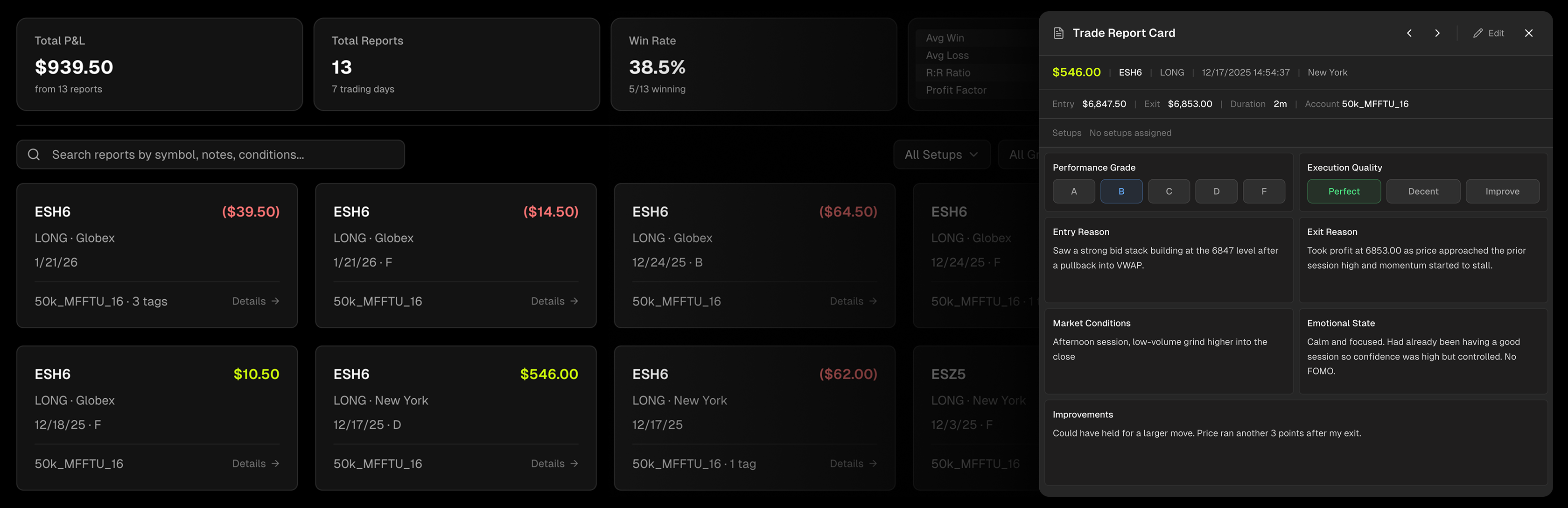 Tanto trade reports with A-F grading, execution ratings, and searchable tags