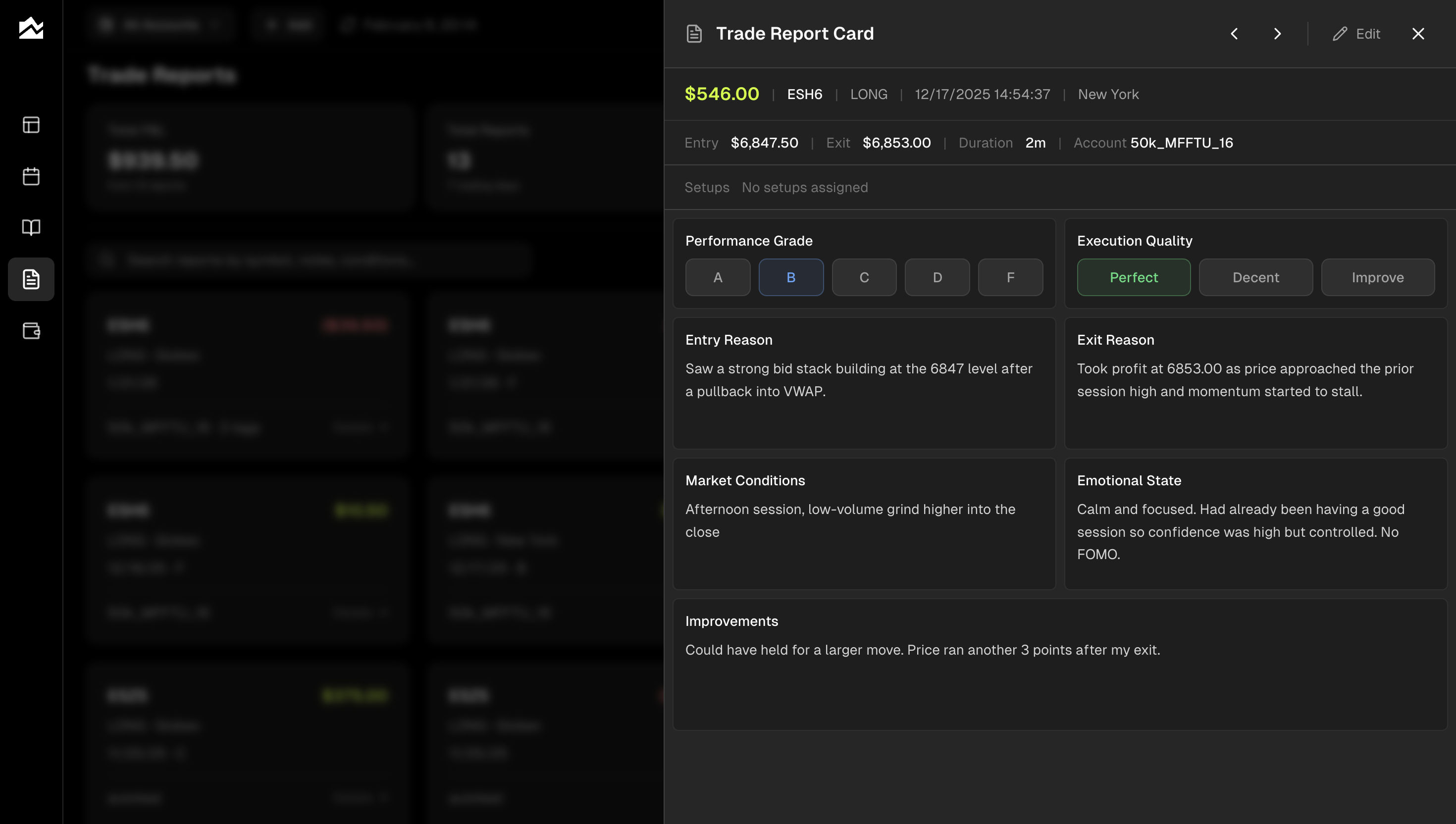 Tanto trade reports with A-F grading, execution ratings, and qualitative notes